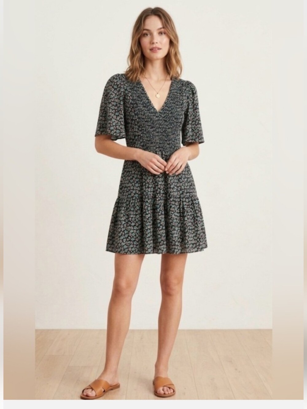 Rebecca Taylor Silk Floral Smocked V-Neck  Dress